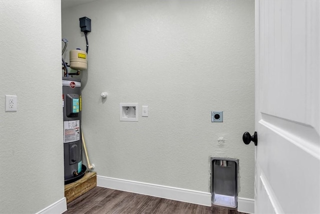 laundry area with washer hookup, dark wood finished floors, electric water heater, electric dryer hookup, and laundry area