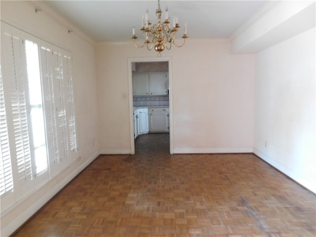 unfurnished dining area with dark parquet floors, a chandelier, and ornamental molding