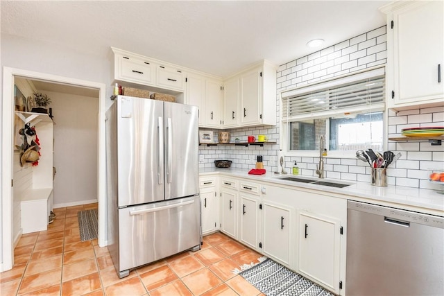 kitchen featuring tasteful backsplash, sink, stainless steel appliances, and white cabinets