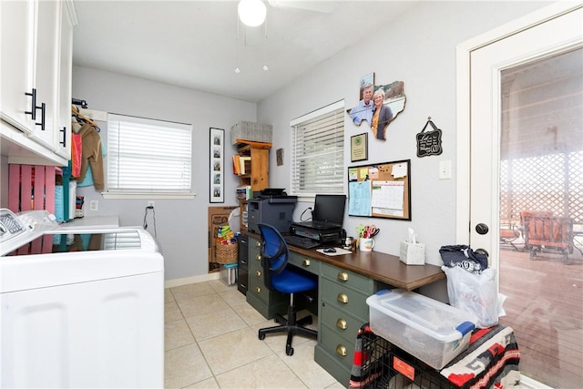 office with independent washer and dryer, ceiling fan, and light tile patterned flooring