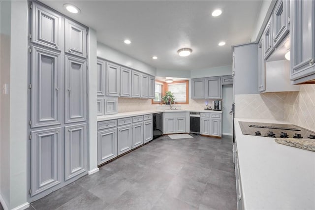 7506 Bistineau Dr, Corpus Christi, TX 78413 - kitchen with black appliances, light countertops, recessed lighting, backsplash, and gray cabinetry