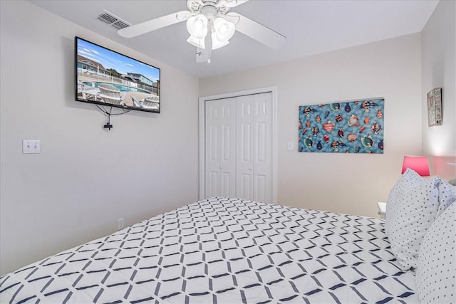 bedroom featuring a closet, visible vents, and ceiling fan