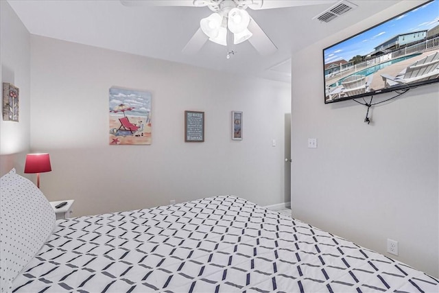 bedroom with visible vents and a ceiling fan