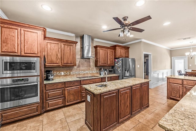 2004 Chesapeake Bay Dr, Portland, TX 78374 - kitchen with stainless steel appliances, wall chimney range hood, a kitchen island with sink, a ceiling fan, and backsplash