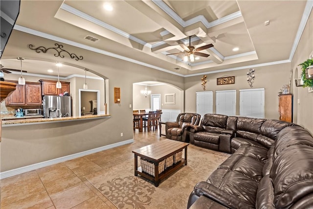 2004 Chesapeake Bay Dr, Portland, TX 78374 - living area with arched walkways, crown molding, coffered ceiling, ceiling fan, and light tile patterned floors