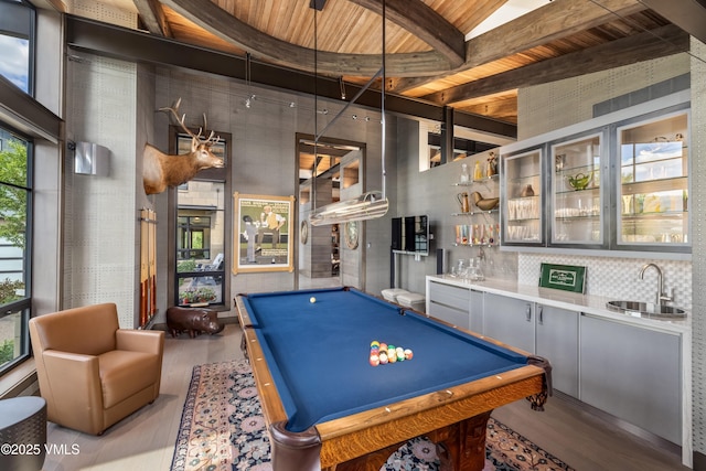 455 Old Creamery Rd, Edwards, CO 81632 - playroom featuring a wood ceiling with exposed beams, wet bar, pool table, and wood finished floors