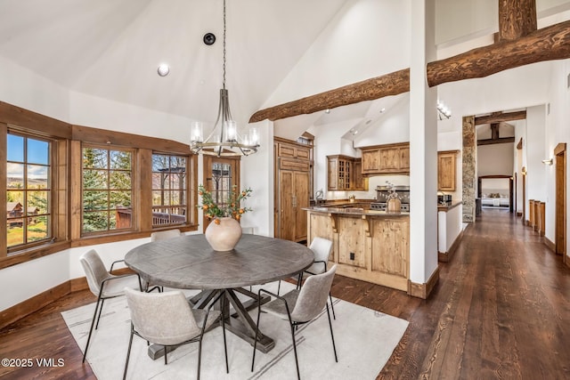 37 Aspen Meadows Rd, Edwards, CO 81632 - dining area with high vaulted ceiling, a chandelier, baseboards, dark wood-type flooring, and recessed lighting