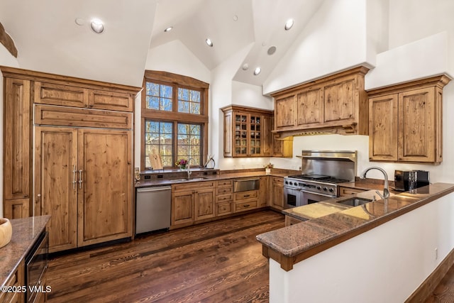 37 Aspen Meadows Rd, Edwards, CO 81632 - kitchen featuring a sink, appliances with stainless steel finishes, high vaulted ceiling, dark wood-style floors, and brown cabinetry