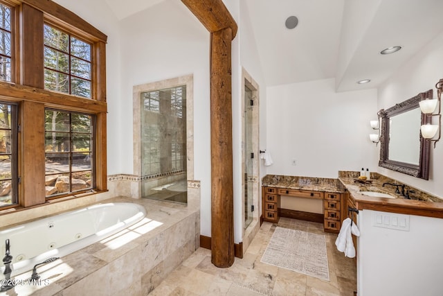 37 Aspen Meadows Rd, Edwards, CO 81632 - full bathroom featuring a stall shower, vanity, a jetted tub, and recessed lighting
