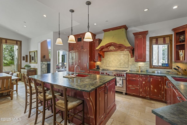 225 Alcazar Dr, Edwards, CO 81632 - kitchen with luxury range, dark brown cabinets, premium range hood, tasteful backsplash, and recessed lighting