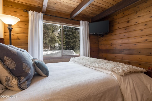 bedroom with wood ceiling, wooden walls, and beamed ceiling