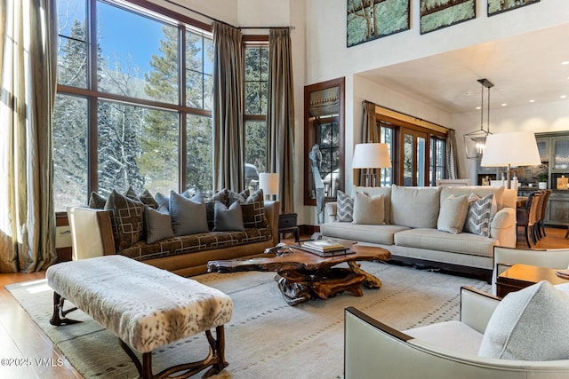 living room with a towering ceiling and light hardwood / wood-style flooring