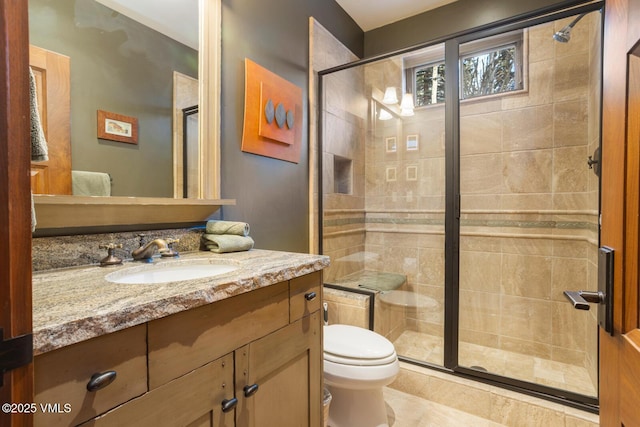 bathroom with vanity, a shower with door, and toilet