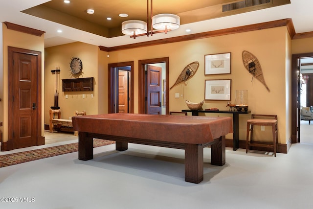 playroom featuring ornamental molding, a tray ceiling, and billiards