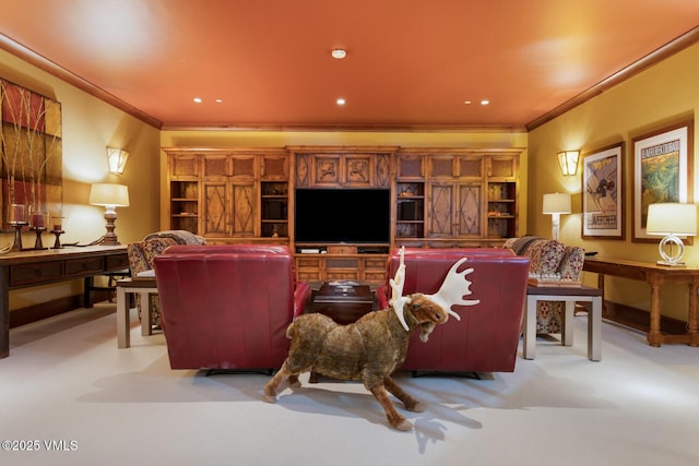 living room featuring ornamental molding and light colored carpet