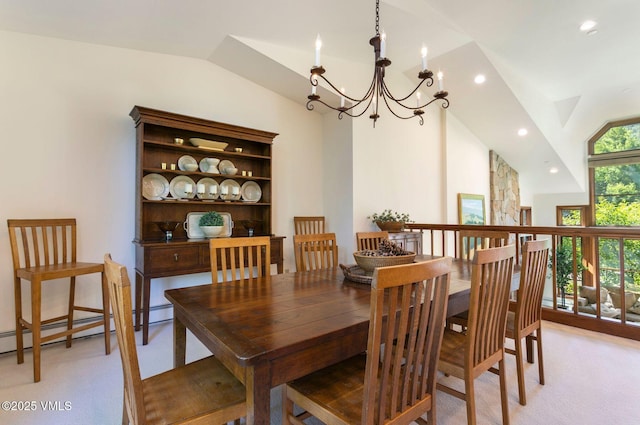 355 Offerson Rd Unit P4, Beaver Creek, CO 81620 - dining room with lofted ceiling, a chandelier, recessed lighting, light colored carpet, and baseboard heating