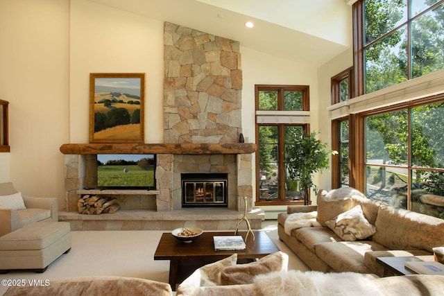 355 Offerson Rd Unit P4, Beaver Creek, CO 81620 - living area with high vaulted ceiling and a fireplace