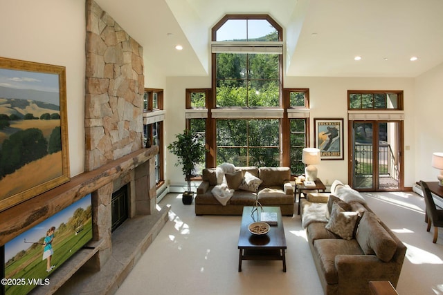 355 Offerson Rd Unit P4, Beaver Creek, CO 81620 - living room with a fireplace, high vaulted ceiling, and recessed lighting