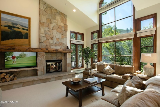 355 Offerson Rd Unit P4, Beaver Creek, CO 81620 - living room featuring high vaulted ceiling, a fireplace, plenty of natural light, carpet floors, and recessed lighting