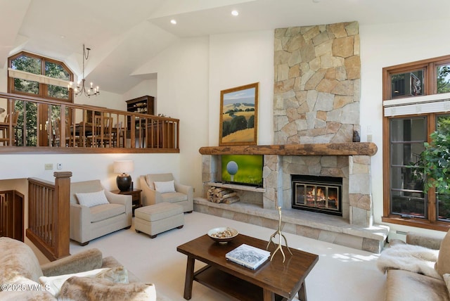 355 Offerson Rd Unit P4, Beaver Creek, CO 81620 - living room featuring vaulted ceiling, a fireplace, and a chandelier