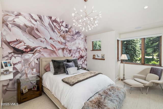 2764 S Frontage Rd, Vail, CO 81657 - bedroom featuring lofted ceiling, a chandelier, light colored carpet, and recessed lighting