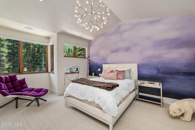 2764 S Frontage Rd, Vail, CO 81657 - carpeted bedroom featuring vaulted ceiling and a chandelier