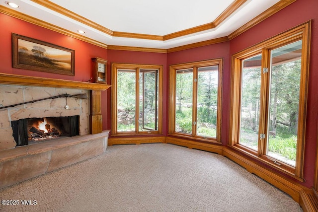336 E Fourth St, Eagle, CO 81631 - unfurnished living room with crown molding, a tray ceiling, carpet flooring, a fireplace, and recessed lighting