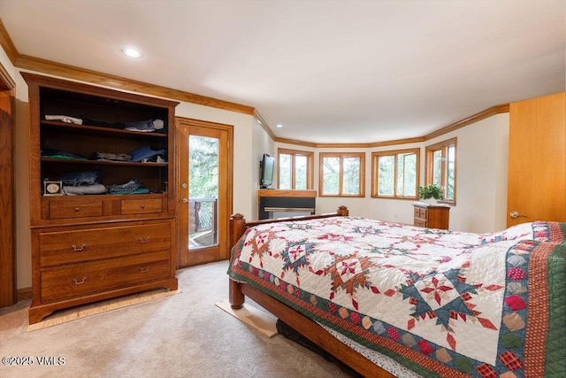 336 E Fourth St, Eagle, CO 81631 - bedroom featuring access to outside, light carpet, crown molding, and recessed lighting