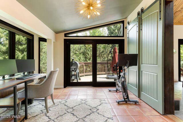 26 Lark Ct Unit B, Eagle-Vail, CO 81620 - tiled office featuring a barn door and lofted ceiling