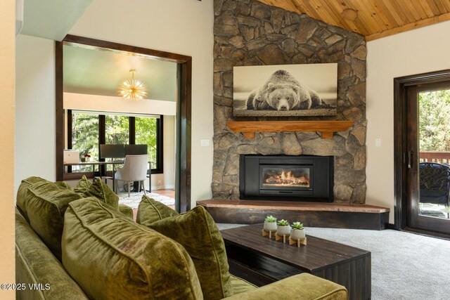 26 Lark Ct Unit B, Eagle-Vail, CO 81620 - living area with lofted ceiling, carpet, wood ceiling, and a fireplace