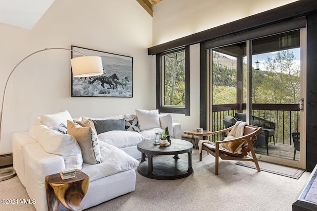 living room featuring a baseboard heating unit, high vaulted ceiling, and carpet flooring