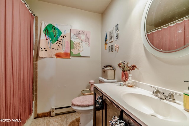 full bath featuring a shower with shower curtain, a baseboard radiator, vanity, and toilet