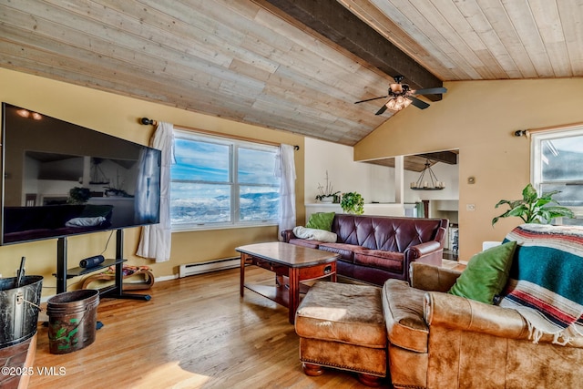 living area featuring vaulted ceiling with beams, a baseboard heating unit, a wealth of natural light, and wood finished floors