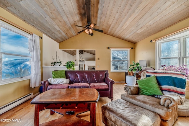 living area featuring a baseboard radiator, vaulted ceiling, and wood finished floors