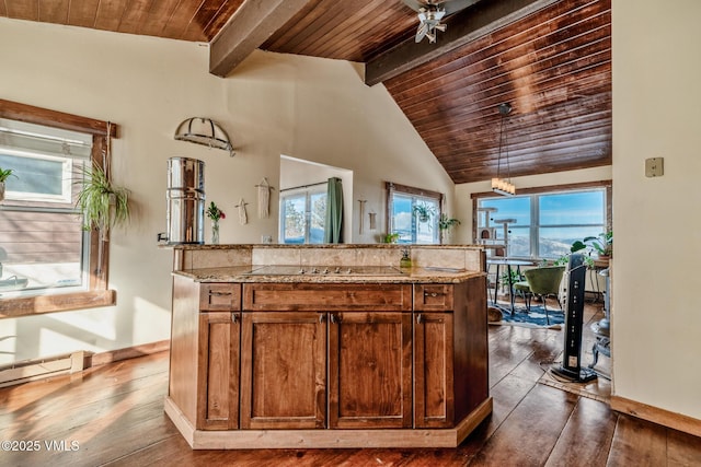 kitchen featuring vaulted ceiling with beams, wood ceiling, baseboard heating, and dark wood-style flooring