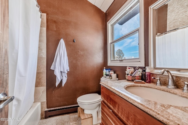 full bathroom featuring a baseboard radiator, shower / tub combo with curtain, vanity, and toilet