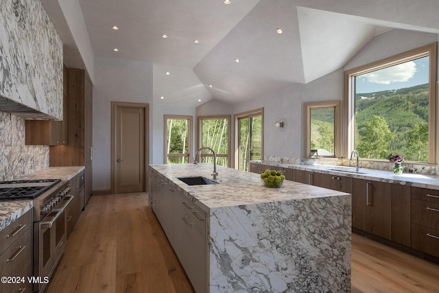 kitchen with a sink, light wood-style floors, double oven range, a large island, and decorative backsplash