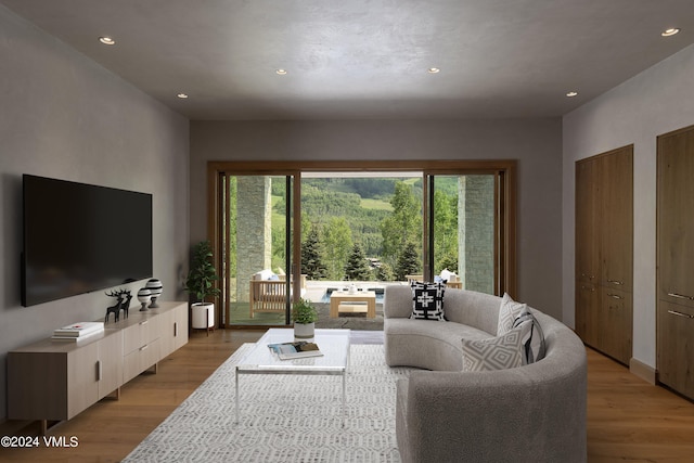 living area featuring recessed lighting and light wood-style flooring