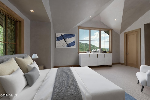 bedroom featuring carpet, vaulted ceiling, baseboards, and recessed lighting