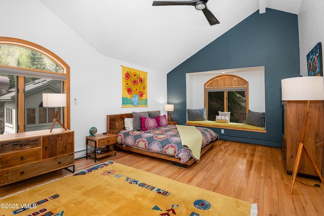 1460 Buffehr Creek Rd Unit C, Vail, CO 81657 - bedroom featuring high vaulted ceiling, wood-type flooring, and a ceiling fan