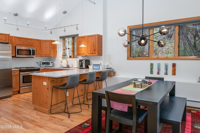 1460 Buffehr Creek Rd Unit C, Vail, CO 81657 - kitchen featuring stainless steel appliances, a sink, backsplash, light wood finished floors, and a peninsula