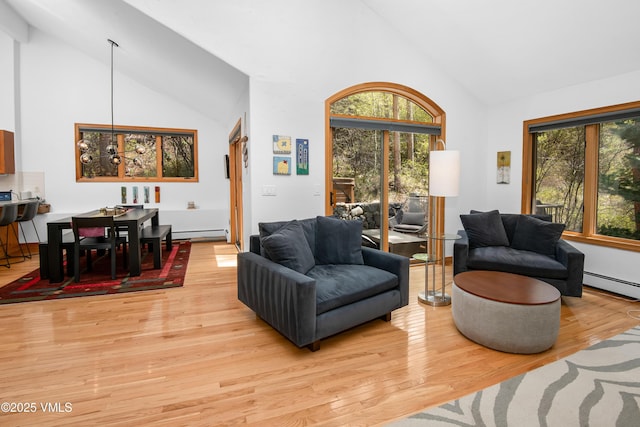1460 Buffehr Creek Rd Unit C, Vail, CO 81657 - living area with high vaulted ceiling, a baseboard heating unit, light wood-style flooring, and baseboard heating