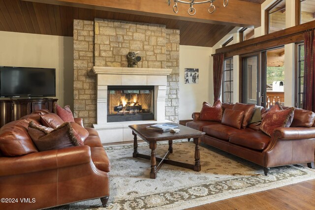 living room with lofted ceiling with beams, hardwood / wood-style floors, wooden ceiling, and a fireplace