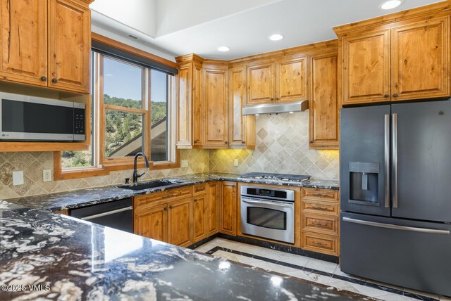 416 Eby Creek Rd, Eagle, CO 81631 - kitchen with stainless steel appliances, inlaid floor details, dark stone countertops, under cabinet range hood, and recessed lighting
