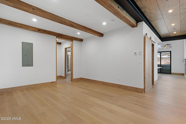 181 Black Bear Trl, Edwards, CO 81632 - empty room featuring light wood finished floors, visible vents, beamed ceiling, and electric panel
