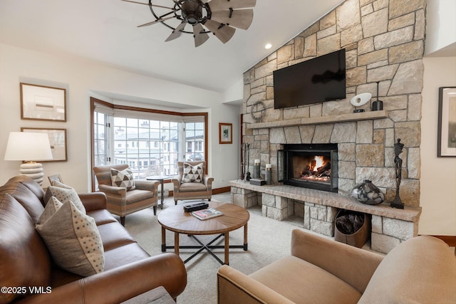 120 Offerson Rd Unit 3460, Beaver Creek, CO 81620 - carpeted living area with ceiling fan, a stone fireplace, lofted ceiling, and baseboards