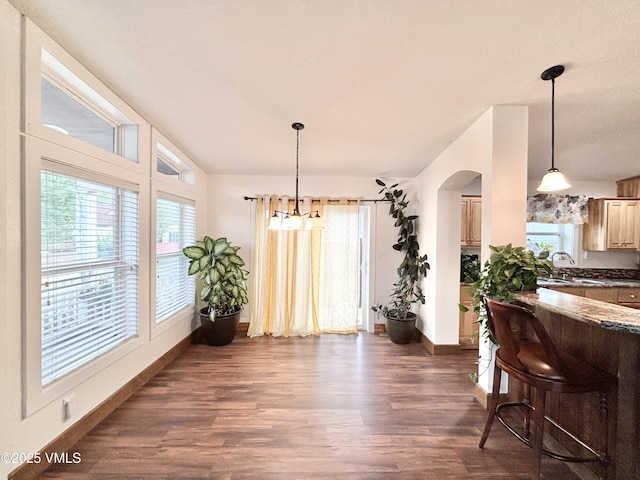 66 Bluegill Loop, Gypsum, CO 81637 - dining space featuring dark wood-style floors, arched walkways, and baseboards