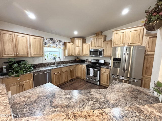 66 Bluegill Loop, Gypsum, CO 81637 - kitchen with stainless steel appliances, a sink, dark wood-style flooring, vaulted ceiling, and light brown cabinetry