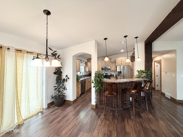 66 Bluegill Loop, Gypsum, CO 81637 - kitchen with stainless steel appliances, dark wood-type flooring, baseboards, a sink, and lofted ceiling