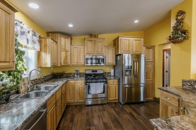 kitchen featuring dark wood-style floors, recessed lighting, stainless steel appliances, and a sink